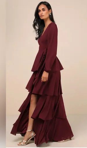 NWT Lulus Marvelous Grace Plum Long Sleeve Tiered Wrap Maxi Dress Size XS thumbnail 2