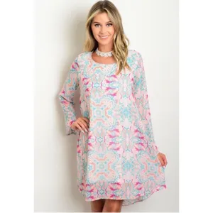 LAST Peach & Teal Multi Pattern Key Hole Dress Pink thumbnail 4