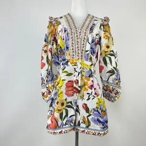 NWOT Farm Rio Greek Garden Long Sleeve Plunge Neck Cotton Romper Size XS thumbnail 4