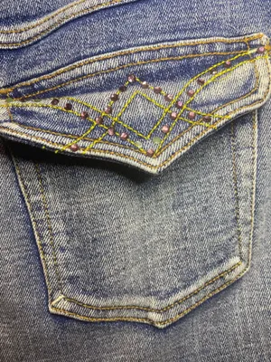 🌸MY2K Mudd Blue Denim Mini Skirt Embroidered Beaded Pockets Button Size S thumbnail 6