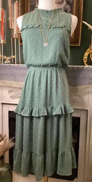 Monteau Los Angeles Sage Green Swiss Dot Ruffle Tiered Midi Dress Small thumbnail 1