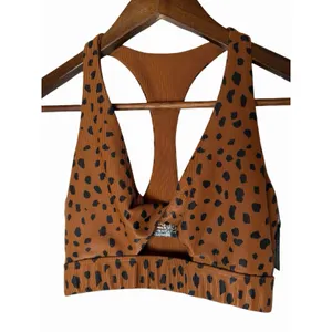 Beach Riot Twist Front Spotted Sports Bra Brown Black Ribbed Animal Print XS thumbnail 5