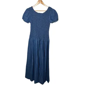 Vintage 90s Smocked Puff Sleeve Drop Waist Pleated Denim Maxi Dress thumbnail 2