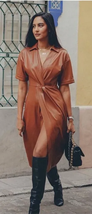 Zara Faux Leather Faux Wrap Dress Camel Sz‎ XS Chic Sophisticated Nouveau Riche thumbnail 1