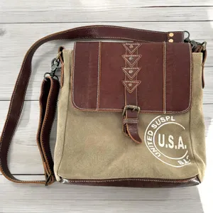 Myra Bag Sage Green Canvas and Brown Leather Messenger Tote Crossbody Bag thumbnail 1