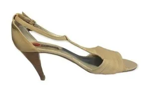 Adrienne Vittadini Beige Leather T Strap Heels Size 10 Open Toe Sandals Flawed thumbnail 1