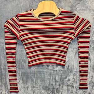 2274 | Brandy Melville Santana Striped Ribbed Crop Top Red Tan Long Sleeve OS thumbnail 2