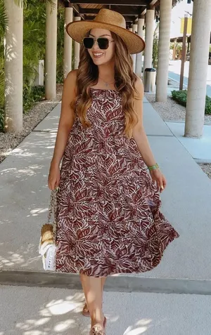 NWT Abercrombie Trapeze Tropical Print Tiered Midi Dress Brown White Small thumbnail 1