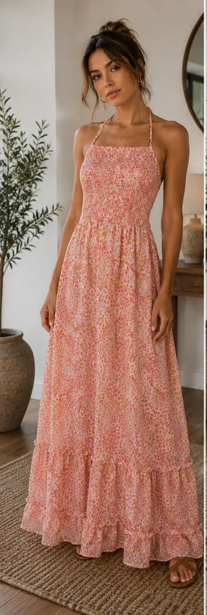 Koko + Mason Floral Halter Maxi Dress Size XL NWOT Open Back Smocked Boho thumbnail 1
