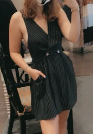 Elegant Navy Blue Striped Dress thumbnail 1