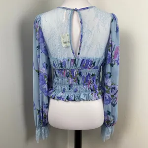 Free People Daphne Sliver Blue Floral Boho Smocked Lace Blouse Medium NWT $128 thumbnail 7
