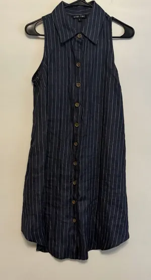 Boho Chic Small Button Up Sleeveless‎ Dress Blue White Linen Collared Natural thumbnail 1