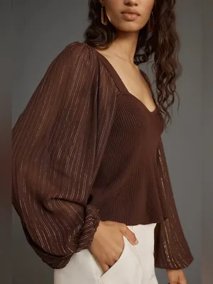 Anthropologie‎ Bl-nk Peplum Twofer Sweater Top Balloon Sleeves Brown Size Small thumbnail 10