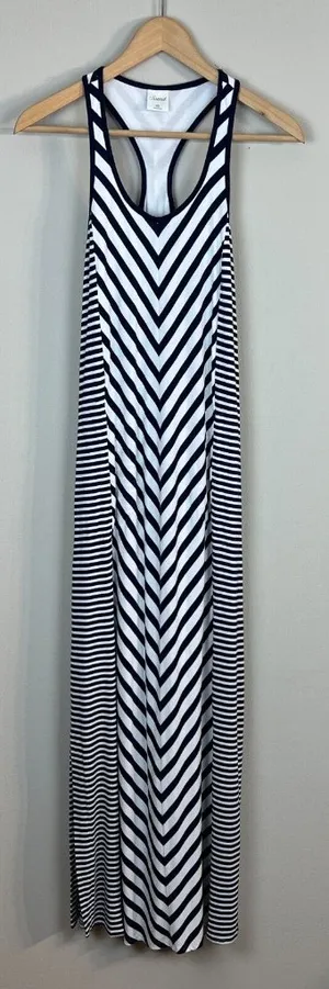 Soma Maxi Dress Women XS Navy Blue White Stripes Racerback Side Slits Sleeveless thumbnail 1