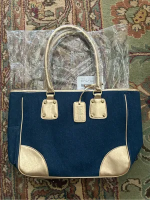 Neiman Marcus Denim Medium Tote Hand Bag Blue and Gold Women’s NWT thumbnail 1
