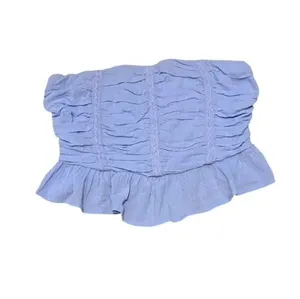 Free People Fun In The Sun Strapless Blue Cropped Peplum Ruched Tube Top XL thumbnail 2