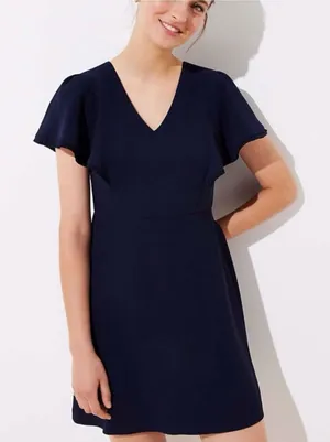 LOFT Navy Flutter Sleeve V-Neck Fit & Flare Dress Size 0 thumbnail 1