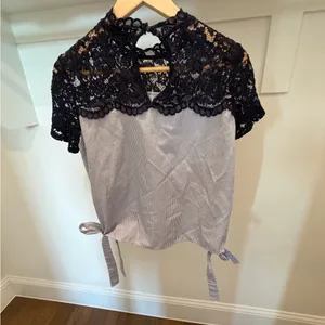 ZARA Lace Yoke High Neck Blouse Striped Tie Waist Top Size M thumbnail 2