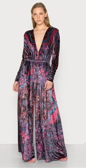 Free People Women’s Giselle Velvet Jumpsuit V-Neck Wide Leg Fairy Dark Combo L thumbnail 1