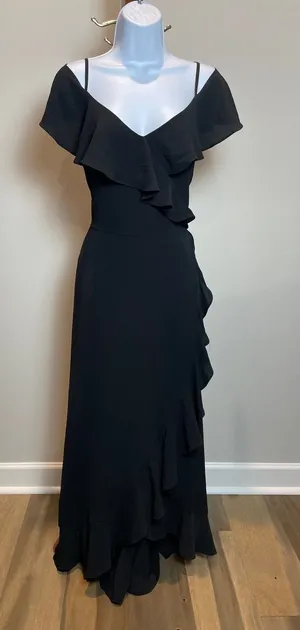 London Times Black Paisley Cold Shoulder Maxi Dress Ruffle Detail Size 12 thumbnail 1