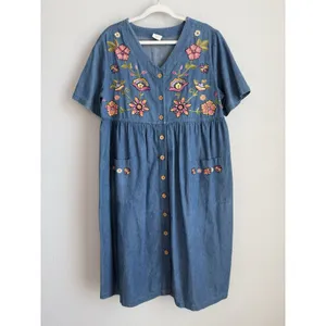 Vintage Embroidered Denim Dress Bechamel Button Front Cottagecore Grandma Core L thumbnail 3