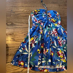 Anthropologie Emily Halter Mini Dress Small Floral Cut Out Ruched Open Back Blue thumbnail 6