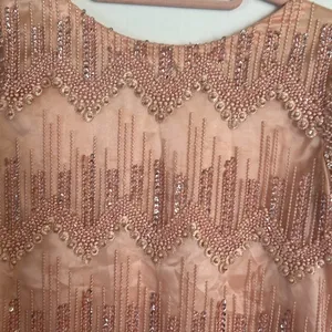 Peach Pink Beaded Sequin‎ High Low Formal Dress Long Sleeve Pearl Detail Gown thumbnail 3