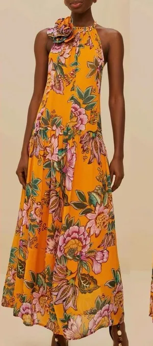 NEW FARM RIO Orange Wonderful Bouquet halter floral Maxi Dress sz XS thumbnail 1
