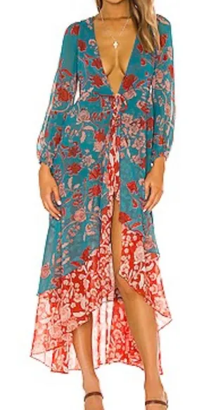 MISA Los Angeles Talitha Maxi Robe Dress featuring a turquoise floral print thumbnail 1