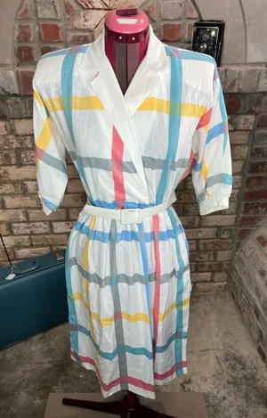 Dress Windowpane plaid shirt dress red blue yellow thumbnail 1