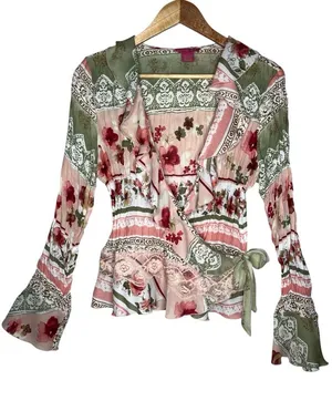 Y2K Vintage Pastel Floral Crinkle Textured Flared Sleeve Wrap Fairycore Blouse thumbnail 1