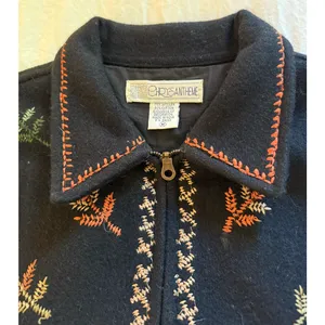 Vintage Chrysantheme Vest Womens Size M Wool Cotton Black Autumn Folk Art Zip Up thumbnail 4