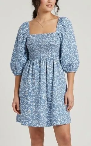 Tuckernuck Blue White Floral Smocked Puff Sleeve Linen Blend Mini Dress Small thumbnail 1