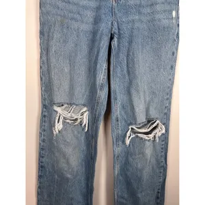 Zara Straight Leg Jeans Women Size 4 Blue Distressed Grunge Raw Hem High Rise thumbnail 3