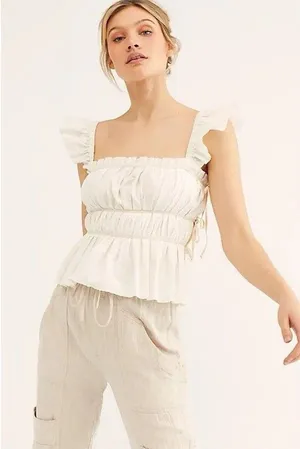 Free People Beige Ruffle Sleeve Drawstring Cropped Blouse Cotton Size S thumbnail 1