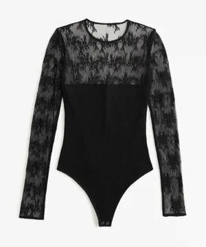 Abercrombie & Fitch Bodysuit Sz L Black Mesh Lace Tube Long Sleeves Whimsigoth thumbnail 1