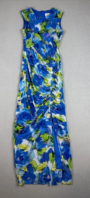 Taylor Blue & Green Floral Ruched Body-con Maxi Dress w/slit Size: XS thumbnail 1