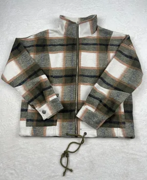Staccato Plaid Cropped Zip Jacket Womens M Green Cream Drawstring EUC thumbnail 1