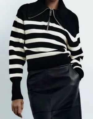 ZARA Striped Half Zip Cropped Sweater Black Cream Size L Knit thumbnail 1
