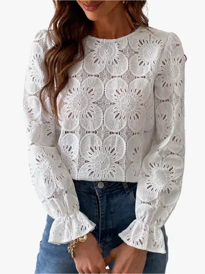 CUPSHE Women’s Small White Floral Lace Long Sleeve Blouse Top Boho Romantic thumbnail 1