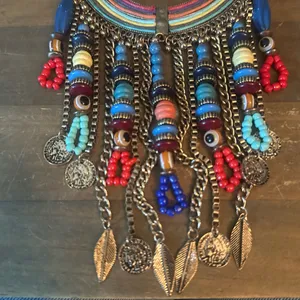 Aldo bohemian multi color bead fringe statement necklace thumbnail 4