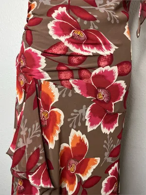 Y2K Vintage Bandolino Brown Red Large Floral Cowl Neck Draped Fairycore Dress thumbnail 5