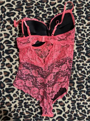 2000s vintage whimsical pink and black lace floral bodysuit thumbnail 3
