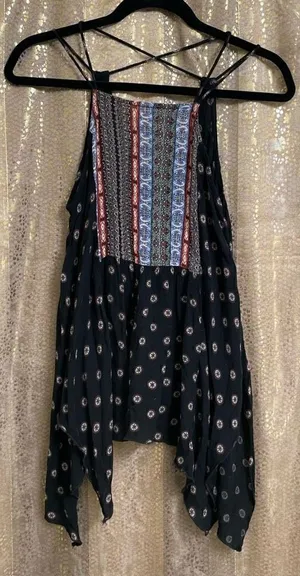 Abercrombie & Fitch Navy Blue‎ Boho Strappy Handkerchief Hem Blouse, Small thumbnail 1