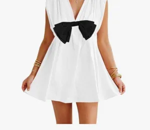 NEW Cotton Sleeveless Mini Dress Casual V Neck Bowknot Loose Babydoll Dress S thumbnail 3