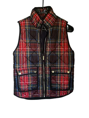 JCrew Women Tartan Plaid Puffer Vest Excursion Red Size S thumbnail 3