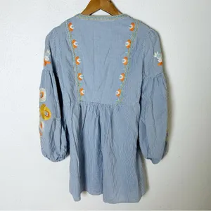 Zara gingham Plaid Embroidered Mini Dress Floral Balloon Sleeves Sz Small thumbnail 5