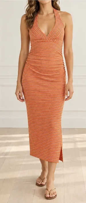 Pilcro High Tide Halter Slim Midi Dress Large Orange Stripe Anthropologie thumbnail 1