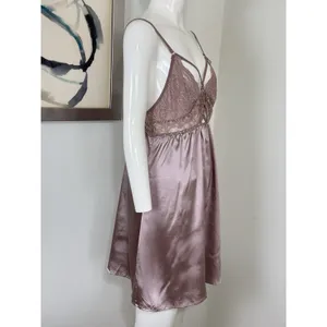 Women's Satin Chemise Nightgown Lace Lattice Strappy Slip Dress Mauve Size M thumbnail 2
