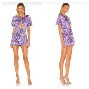 For Love & Lemons Tahiti Ruched Mini Dress Small Purple Floral Satin Cottagecore thumbnail 15
